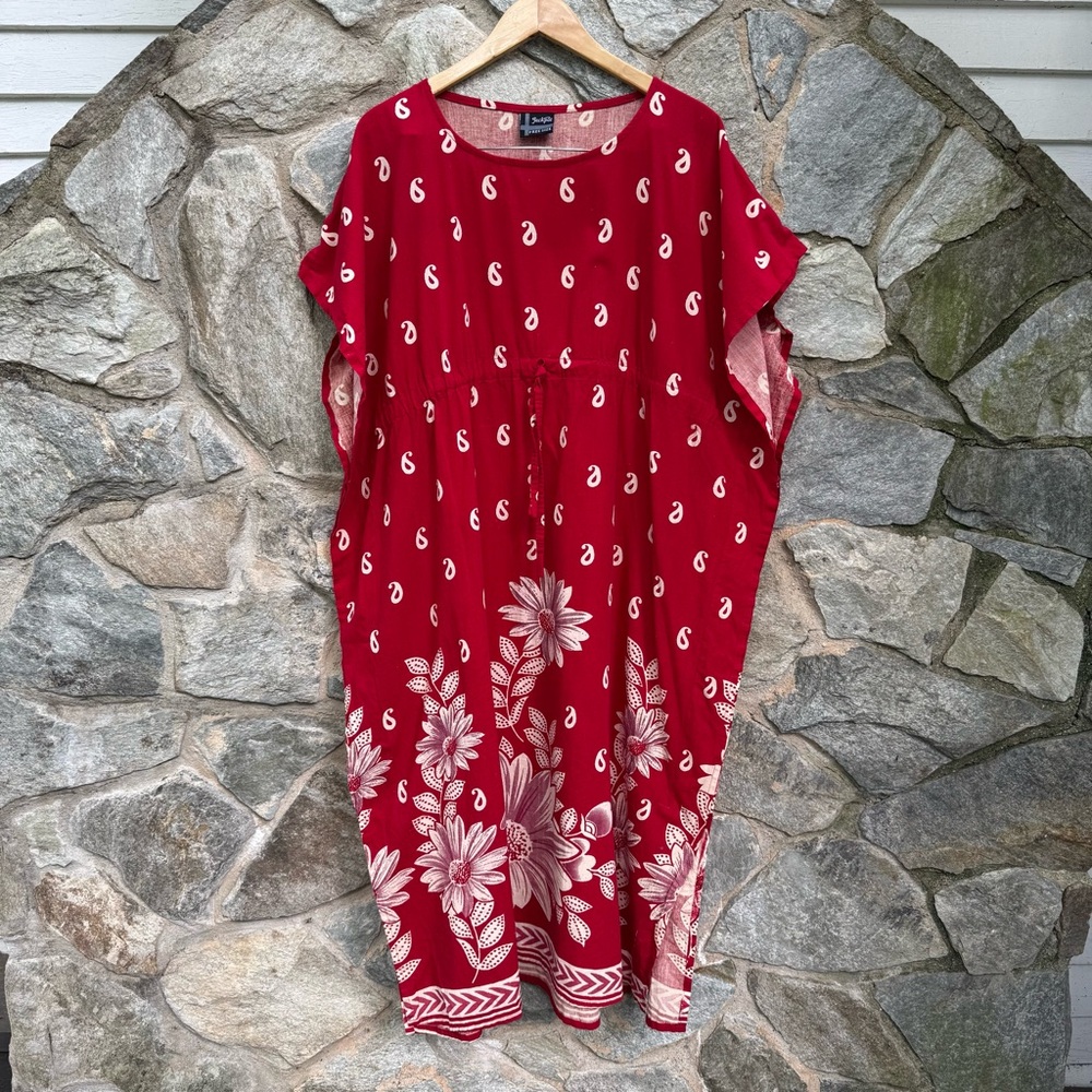 Vintage 90s Cotton Red Paisely & Floral Kaftan Dress